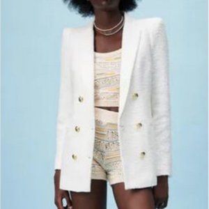 Zara White Tweed Texture Tailored Double Breasted Blazer